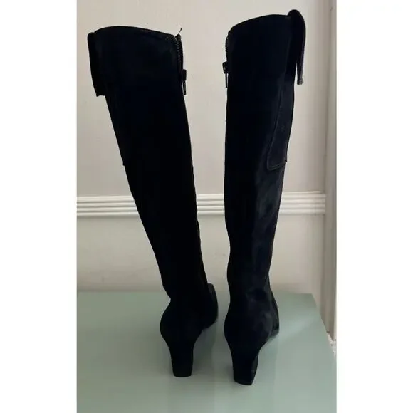 YVES SAINT LAURENT VTG Square Toe Black Suede Knee Boots Block Heels Sz 7.5 YSL - Picture 4 of 16